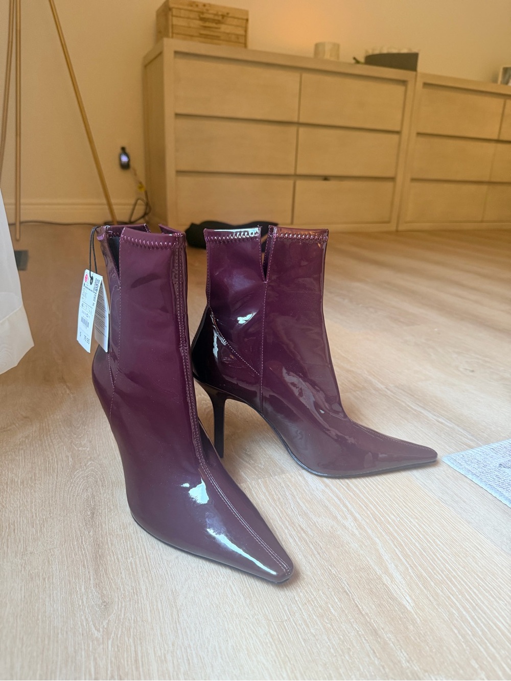 NWT ZARA Women's Patent Pointed Toe Ankle Boots - Deep Burgundy